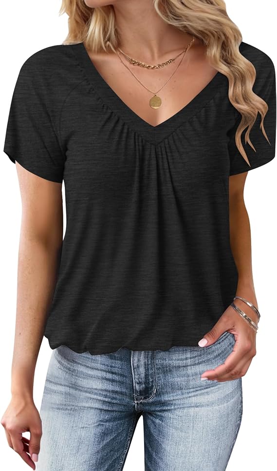 WNEEDU Tshirt Damen Sommer - V Ausschnitt Kurzarm Oberteile Basic Tops Casual Lockere BluseT-shirt mit Plissiertes FrontmiederBlasen-SaumLeicht und LuftigShirt mit Gummizug am Saum