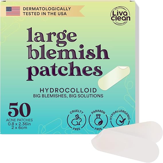 LivaClean 50CT Large Hydrocolloid Acne Patches - for Pore Spots Nose Face Cystic Pimple Zit Patch - Big Pimple Patches Hydrocolloid Bandages Strips Stickers Zit Patch XL