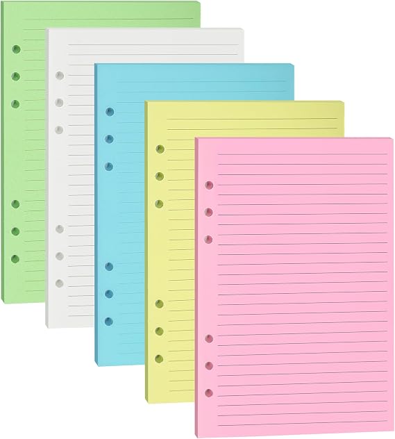 A5 Colorful Lined Filler Paper, 6-Hole Punched