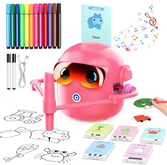 Drawing Robot for Boys Girls, Educational Drawing Machine Voice Interaction Draw Learning Machine with 100 Word Cards & 12 Color Pens Present for Boys Girls Birthday Christmas (Rose)