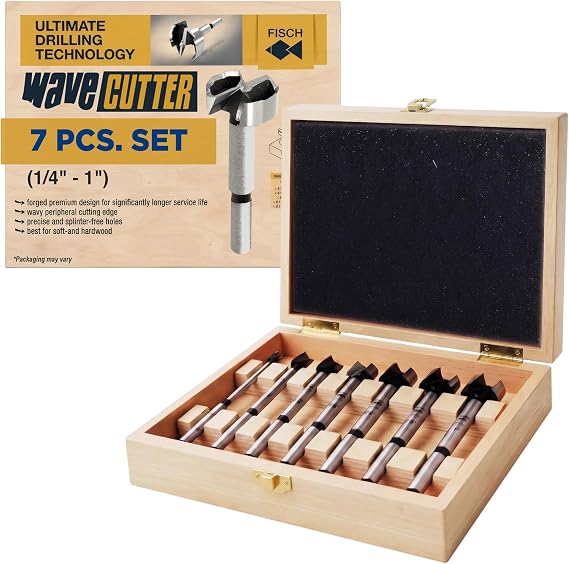 Fisch FSA-197058 1/4-Inch-1-Inch Diameter Wave Cutter Forstner Bit In Wooden Box, 7-Piece