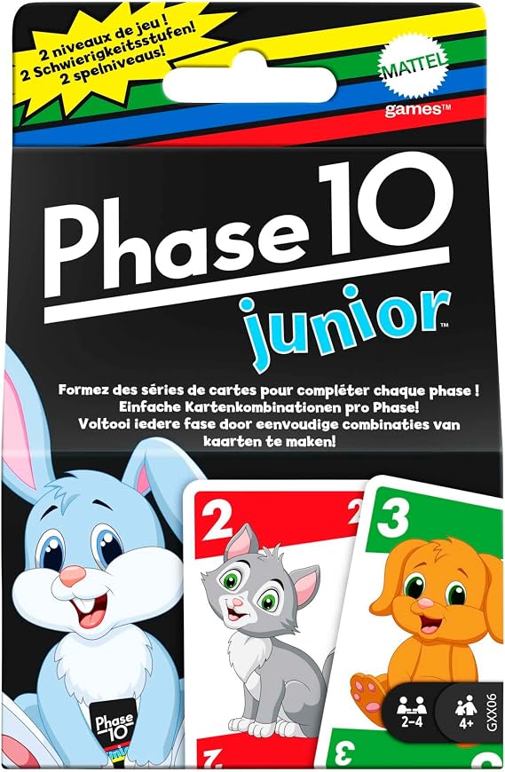 Mattel Games Phase 10 Junior Rummy Game with Multiple Playing Levels 56 Cards with Animal Pictures for 2 to 4 Players for Children Aged 4 Years Old and Above GXX06 GXX06 Rummy Card Game with Colours Numbers and Animals 2 Game Modes 56 Cards Colour Blind