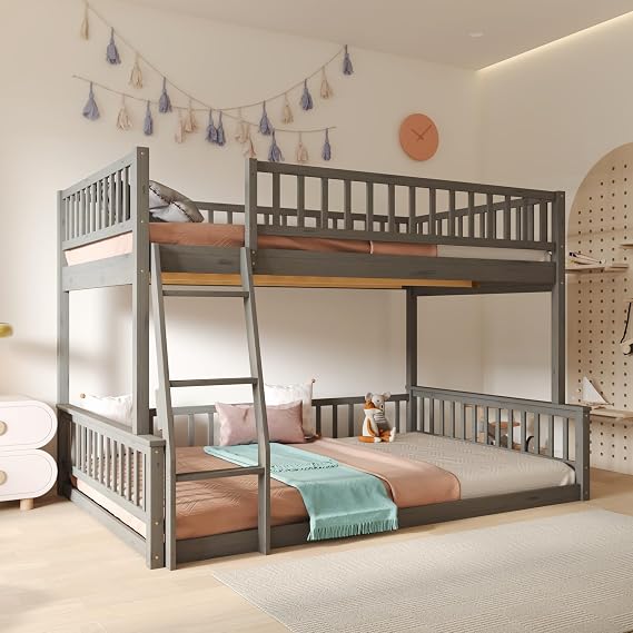 Full XL Over Queen Size Bunk Bed with Ladder and Guardrails, Detachable Wood Bunk Bed Frame with Headboard, Space Saving, Kids Boys Girls Adults, Gray