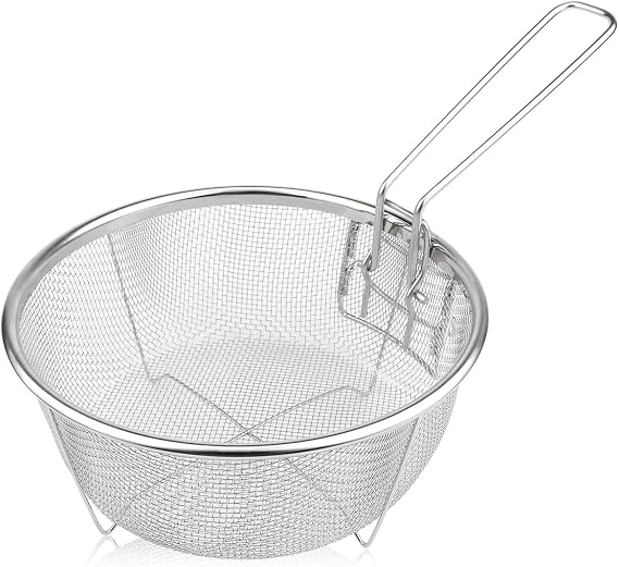 Stainless Steel Drain Basket, Multifunctional Foldable Deep Fry Basket - Round Wire Mesh French Chip Frying Serving Food Presentation Tableware with Folding Handles 32.5X19.5X8.5