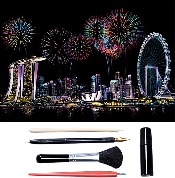 Scratch Art for Adults & Teens, Paint by Scratch 16 X 11.2 Inches, Scratch Off Paper Painting, Scratchart Kit Ornaments, Colorful Sketches Rainbow Scratch Art (Singapore)