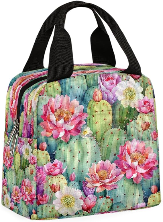 Lunch Bag for Women Men Watercolor Cactu Cacti Flowers Lunch Tote Bags Reusable Insulated Lunch Box Cooler for Work Travel Picnic