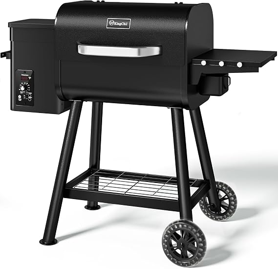 KingChii Electric Wood Pellet Grill & Smoker with Side Shelf, 456 SQ.IN Grill Capacity, 11LB Hopper, with PID Temperature Control (180-425F) for Backyard Camping Bake and Roast, Black