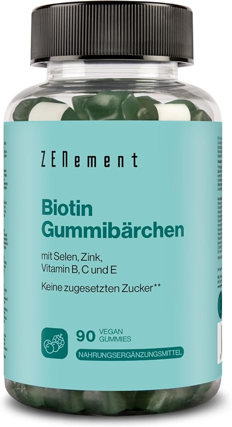 Biotin Gummis - Haare Haut & Nägel - Ohne Zuckerzusatz - 90 Gummis mit Zink Selen & Vitaminen A B3 B5 B6 B9 B12 C & E - 6000 mcg - Waldfruchtgeschmack - 1 täglich - Zenement