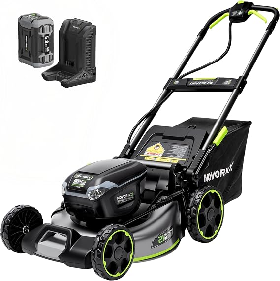 NovorikX 60V 5Ah Self-Propelled Electric Cordless Lawn Mower with 5.0Ah Battery 21-Inch, Brushless Mower for Large Yards, LED Headlight, Rapid Charger 3-in-1 Versatility Obsidian Series
