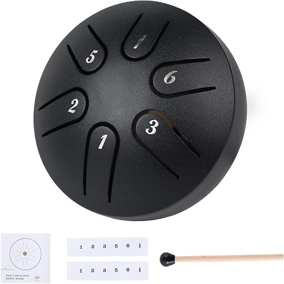 Yahpetes Steel Tongue Drum Musical Percussion Instrument Metal Rain Drum for Outside 3 Inch 6 Notes C-Key for Meditation Yoga Education Percussion with Bag, Music Book, Mallets (3"6 tone, Black)