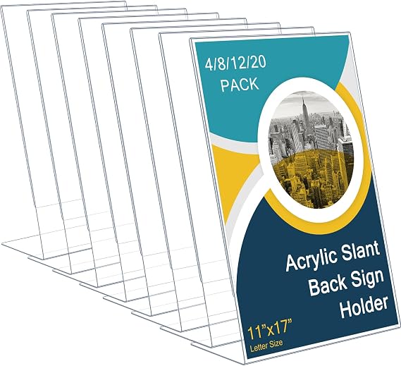 Qilery 4 Pcs Acrylic Sign Holder Clear Display Stand Frame Table Top Slant Back Plastic Sign Holder Flyer Document for Menu Workers Teachers Office School Desktop (11 x 17 Inch)