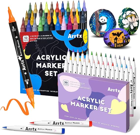 Arrtx Acrylic Paint Pens 62PCS, Brush Tip and Fine Tip (Dual Tip), Paint Markers for Rock Painting, Water Based Acrylic Painting Supplies for Fabric Painting, Ceramic, Fabric, Canvas, Wood, Glass