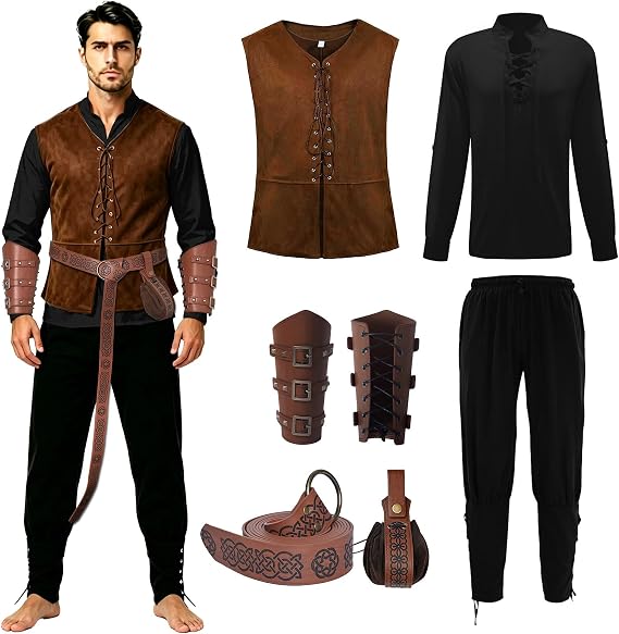 7 Pcs Men's Renaissance Medieval Pirate Viking Costume Set