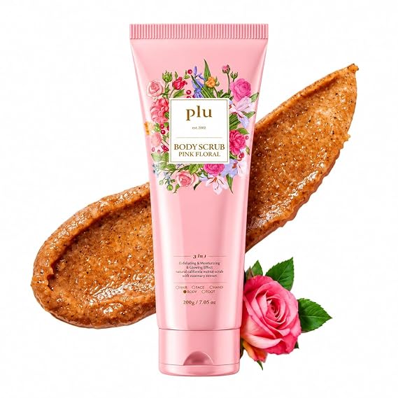 PLU Foaming Body Scrub Walnut Shell Exfoliator, 7.05 oz (Pink Floral)