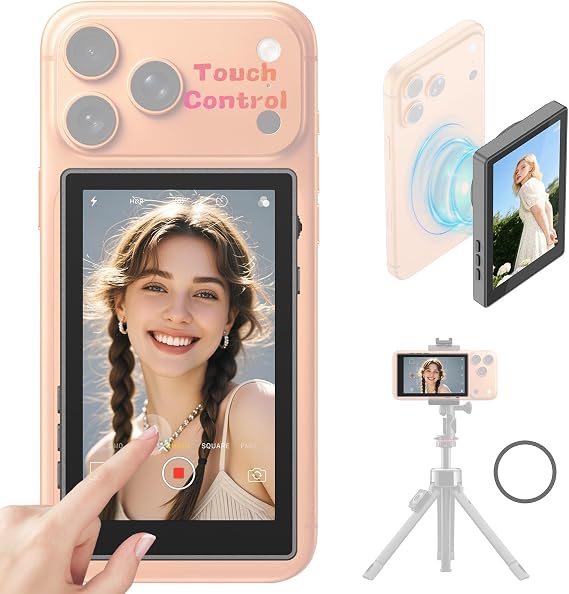 Selfie Monitor Screen Compatible with iPhone 17 and Below & Android(Black)
