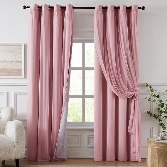 100% Blackout Curtains for Bedroom, Double Layer Pink 96" L