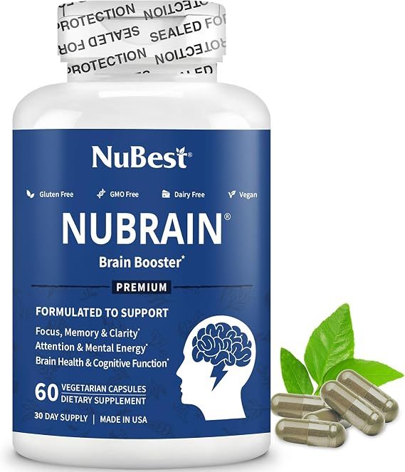 NuBrain Booster - Brain Supplement for Brain Booster, Memory, Focus & Clarity Support with St. Johns Wort, Ginkgo Biloba, Bacopa & More - 60 Vegan Capsules | 1 Month Supply