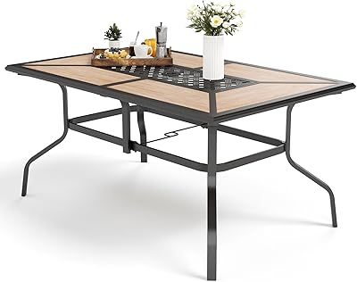 MFSTUDIO Outdoor Patio Dining Table for 6, Rectangular Patio Furniture Table with Metal Frame and Immitation Top, Adjustable Umbrella Hole