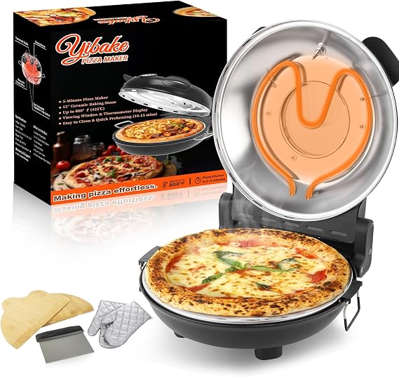 Electric Pizza Maker, 12 Inch Countertop Pizza Oven with Pizza Stone, 1200W Indoor Italian Style Pizza Cooker, Dual Heating with Independent Temperature Control, Heats Up to 800F, Black
