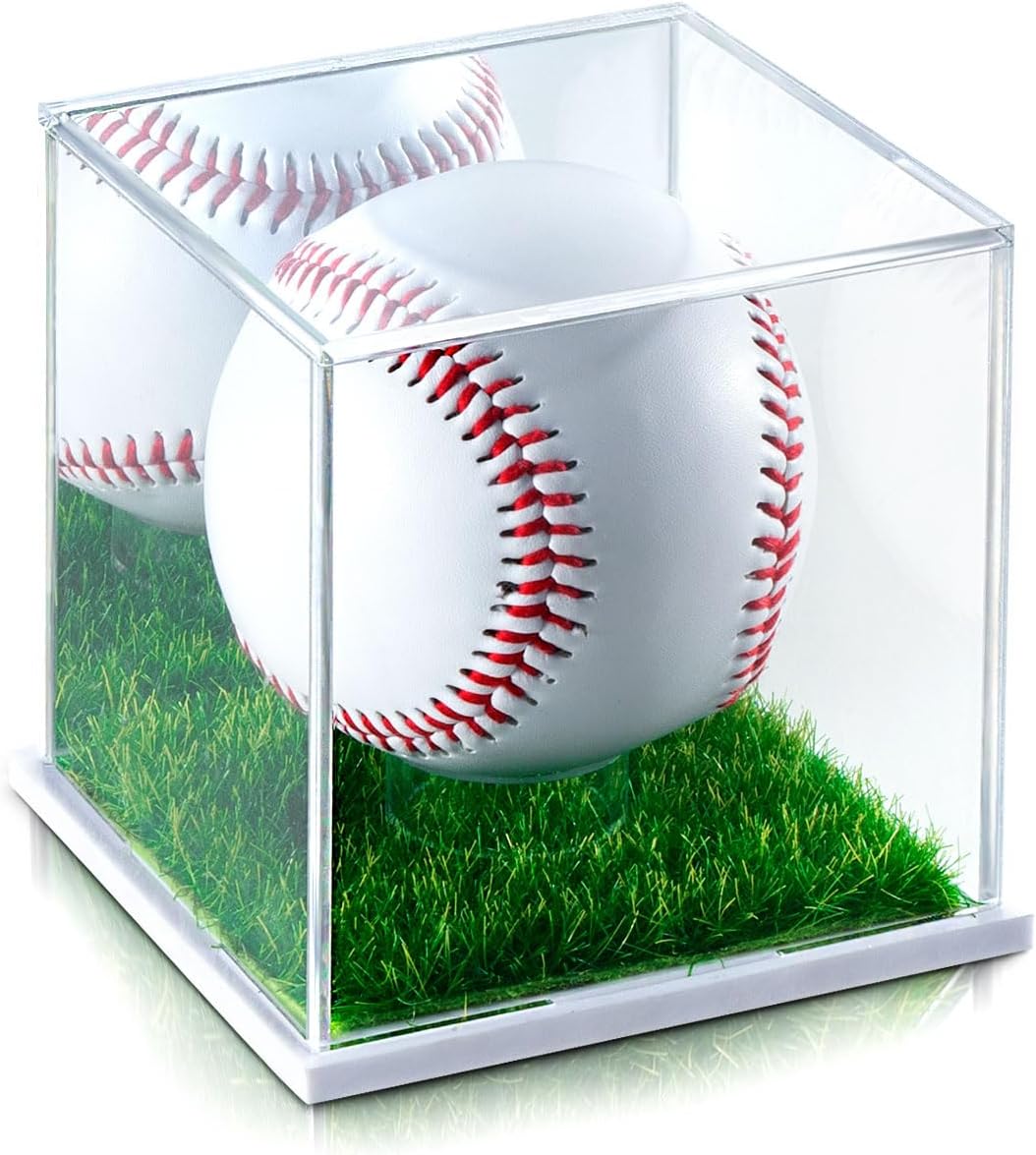 Baseball Display Case, Acrylic Baseball Case for Display, UV Protected Baseball Display Box for Memorabilia Baseball, Autographed Softball Clear Display Case with a Mirror and Turf Stand-White(1PC)