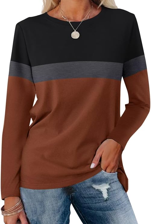 ORANDESIGNE Women's Color Block Long Sleeve Tunics Tops Casual Striped Crew Neck Shirts Loose Blouses