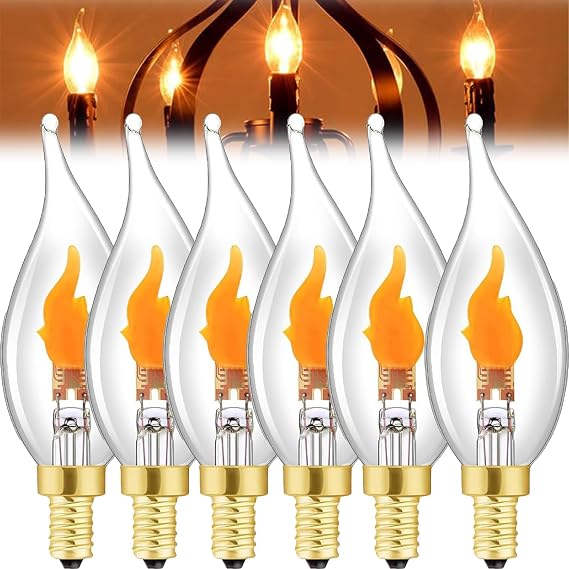 Flickering Flame Light Bulbs, E12 LED Flickering Flame Decoration Light Bulbs, Realistic Fire Effect, Candelabra Base E12 Fire Light Bulb for Halloween Christmas Indoor Outdoor (6Pcs)