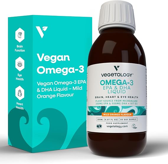 VEGETOLOGY Vegan Omega 3 Liquid, from Microalgae, 800mg of EPA DHA, with Vitamin D3, Supports Heart, Brain, and Eye Health, Natural Fish Oil Alternative, UK Made, Mild Orange Flavoured