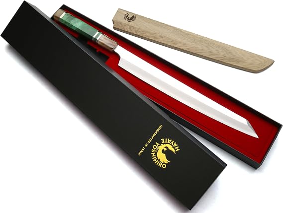 Yoshihiro Gintsuru Ginsan Stainless Steel Yanagi Kiritsuke Mirror-Polished Sushi Sashimi Japanese Knife with Stabilized Maple Burl Handle (11.8" (300mm) & Saya)