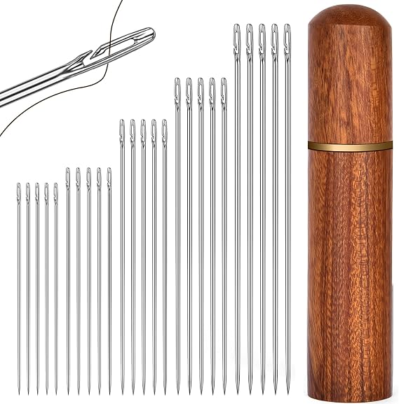 HOTUT 30 Pcs Self-Threading Needles, 6 Size Easy Threading, Durable & Rustproof Stainless Steel, Wooden Case, Hand Sewing, Embroidery, DIY Craft
