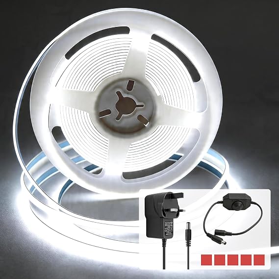 White LED Strip Light 5M/16.4ft, 6000K Cool White 8mm Width Tape Lights, 2000lm Dimmable LED Lights, 24V UK Plug LED Strip with Dimmer Switch for Wardrobe, Cabinet, Kitchen, Conservatory, Garage [Energy Class G]