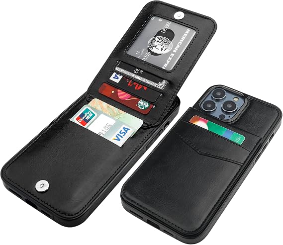 KIHUWEY for iPhone 14 Pro Max Wallet Case Card Holder Kickstand, Black | Credit Card Slots, PU Leather, Magnetic Clasp, Flip Heavy Duty Protection Cover for Men and Women