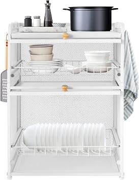 Dish Drying Rack, 3 Tier Dish Rack Modern Houseware Dish Organizer, Cutlery Drainer with Lid Cover Detachable Drip Tray Storage Box Basket for Kitchen Storage Holder