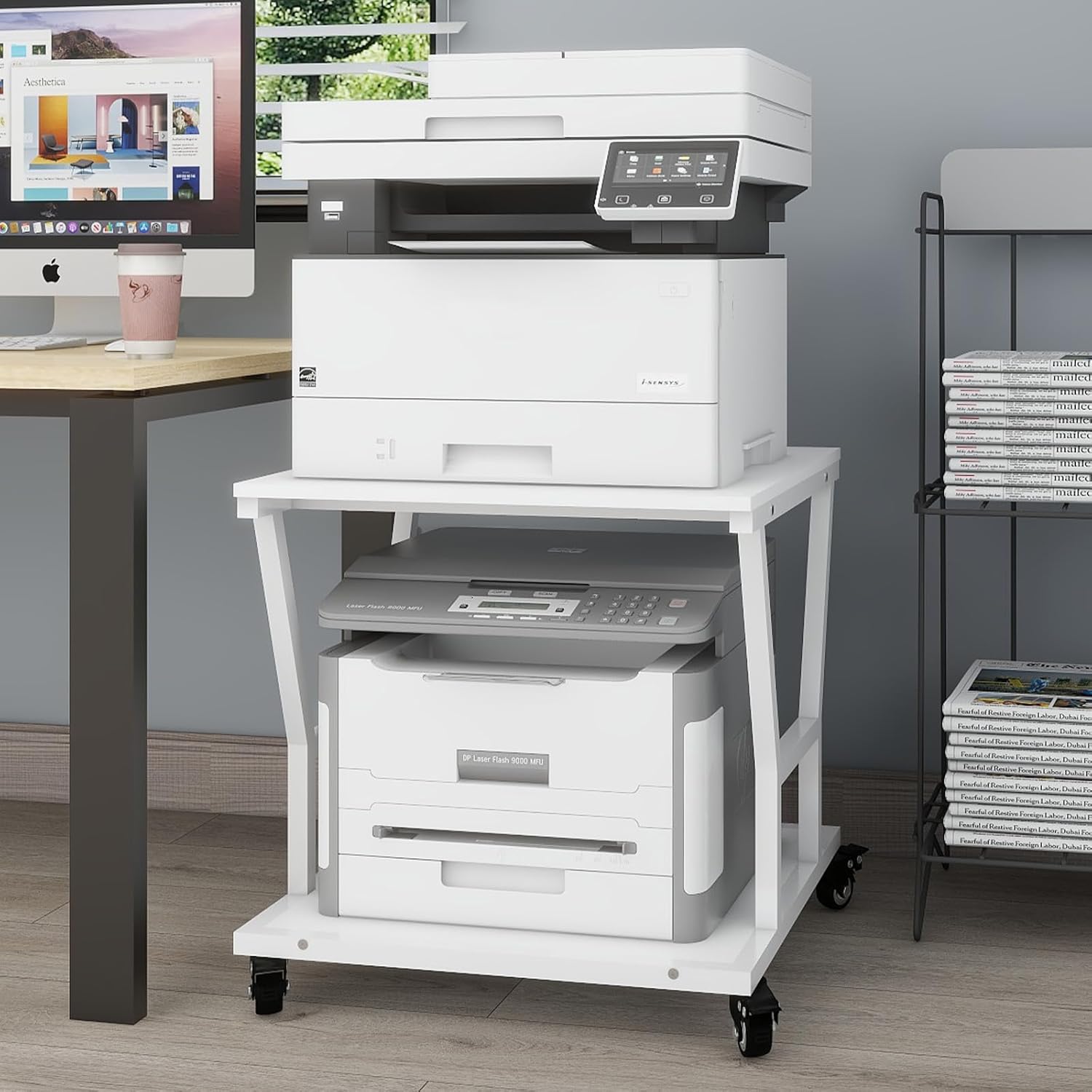 PUNCIA 2 Tier Large Printer Stand,50x50x60cm Heavy Duty Printer Table, Copier Stand, Laser Printer Cart with Paper Storage Shelf for Home Office White