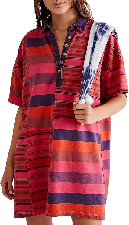 Women Contrast Striped Babydoll Dress Y2k Summer Patchwork Mini T- Shirt Dress Vintage V Neck Short Sleeve Sundress
