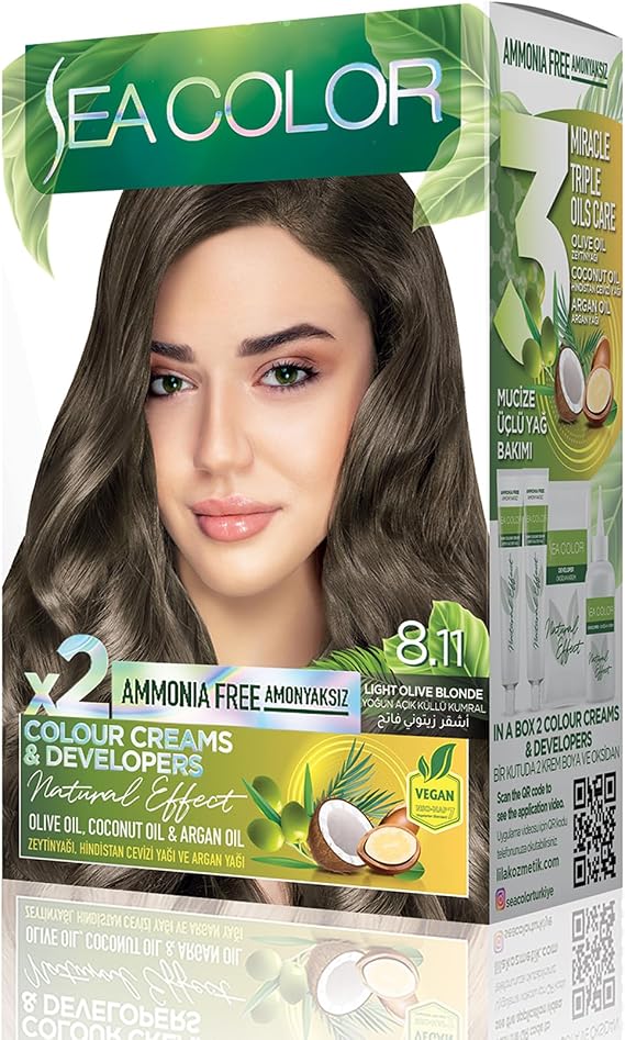 SEA COLOR Amonyaksız, Vegan, Doğal, Besleyici Kalıcı Saç Boyası%100 Beyaz Kapama (1 PAKET 2 x 50 ml Boya & OKSİDAN) (Yoğun Küllü Açık Kumral 8.11)
