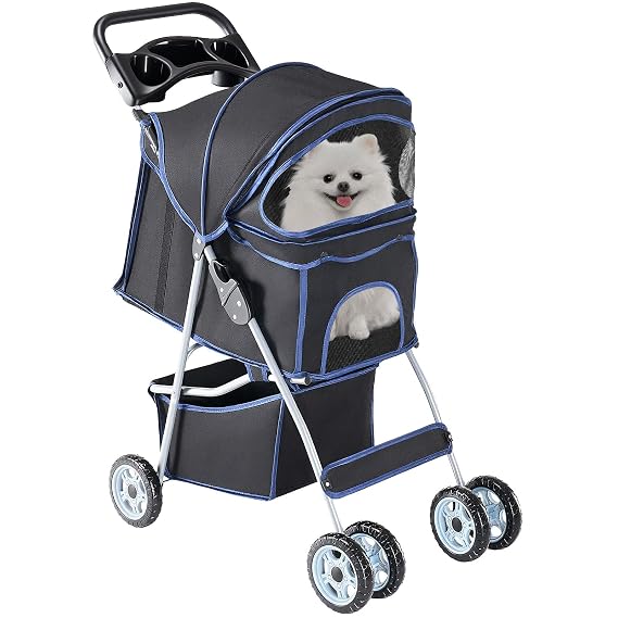 NEWBULIG 4 Wheel Pet Stroller for Dogs and Cats, Foldable, Lightweight and Durable, Ideal for Small to Medium Pets, Includes Storage Basket and Cup Holders