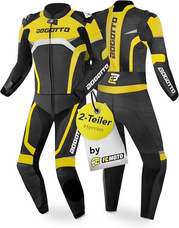Bogotto Misano 2-Teiler Motorrad Lederkombi schwarz/weiß/neon-gelb 50 Leder