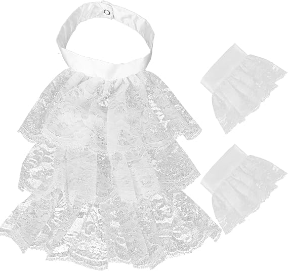 3 Pieces White Victorian Lace Jabot and Cuffs Neck Ruff Collar Elizabethan Collar Costume Detachable Collar Steampunk Pirate Colonial Stage Party Costume Accessory for Halloween Cosplay