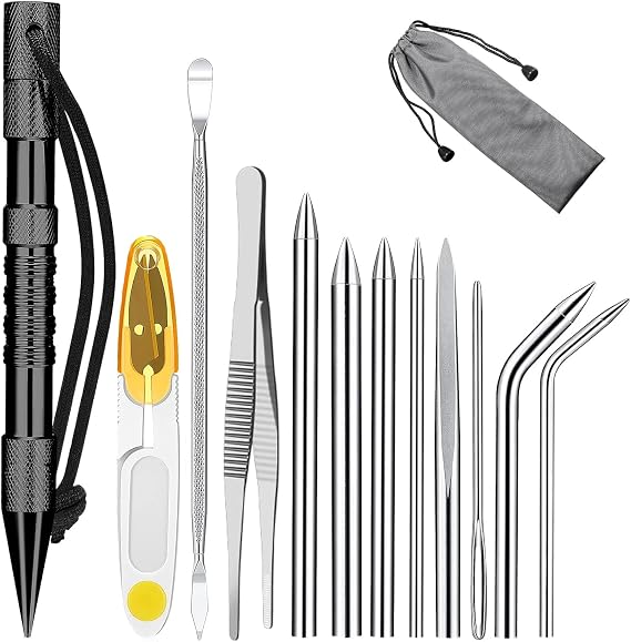 MONOBIN 12 Pcs Paracord FID Set Paracord Tools with Stainless Steel Knotter Marlinspike, Paracord Stitching Lacing Needles for Paracord Work Leather Weaving