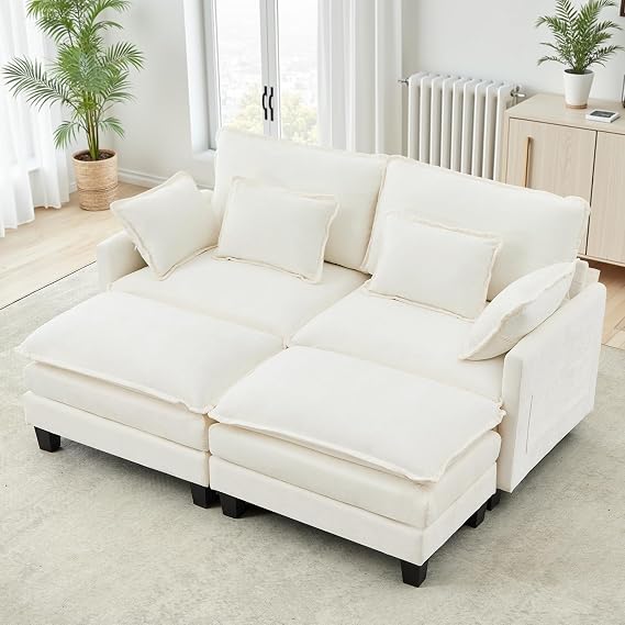 Modular Sofa with Sleep Function Chenille Corner Sofa Small with Thick Padding Sofa L Shape Set with Couch Cushion Comfortable Armchair Living Room Couch with Stool Chaise Lounge (Beige 197 cm L Shape)