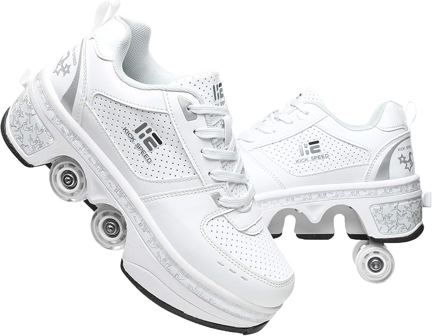 2-in-1 Roller Skates Shoes with Retractable 4 Wheels & Pop-Out Deformation Sneakers Outdoor Sports Skating Shoes for Girls Boys