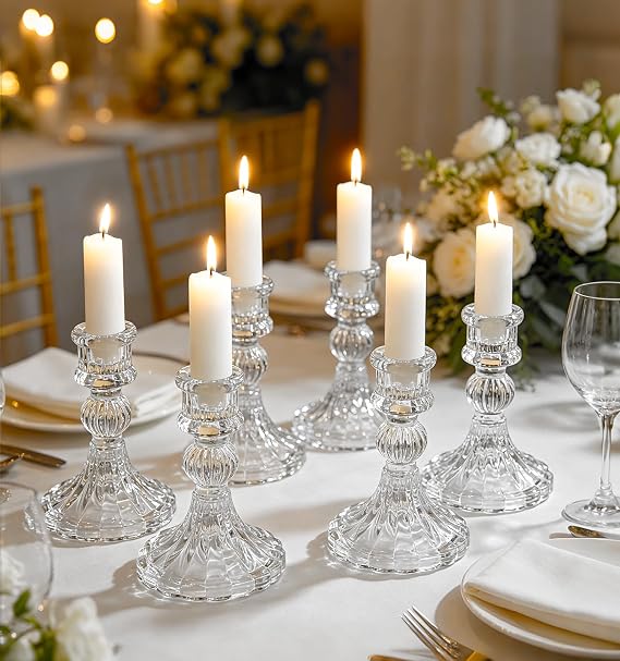 6 Pack Glass Candle Holders, Clear Candle Stick Holders for Candlesticks, 4" H Stripe Crystal Candle Holders Decorative Candle Stand Centerpiece for Wedding, Festival, Dinning Party Table Decor