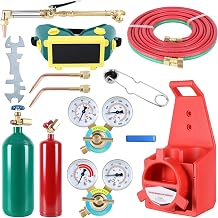 Oxygen Acetylene Torch Kit with Gas Tank, Professional Oxyacetylene Portable Brazing Welding Cutting Torch Set with Twin Hose Welding Pressure Gauge for DIY Metalwork Projects Red