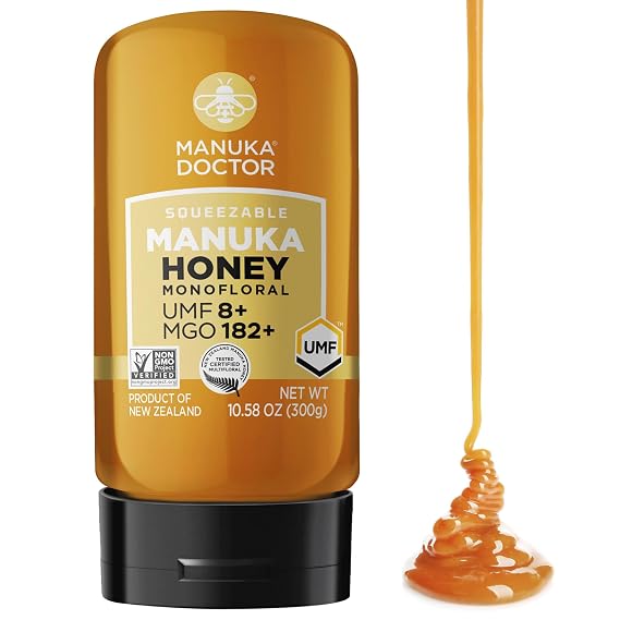 Manuka Doctor - Manuka Honey Squeezy MGO 182+ / UMF8 Dual Rated Monofloral, 100% Pure New Zealand Honey. Certified. Raw. Non-GMO (10.58 oz)