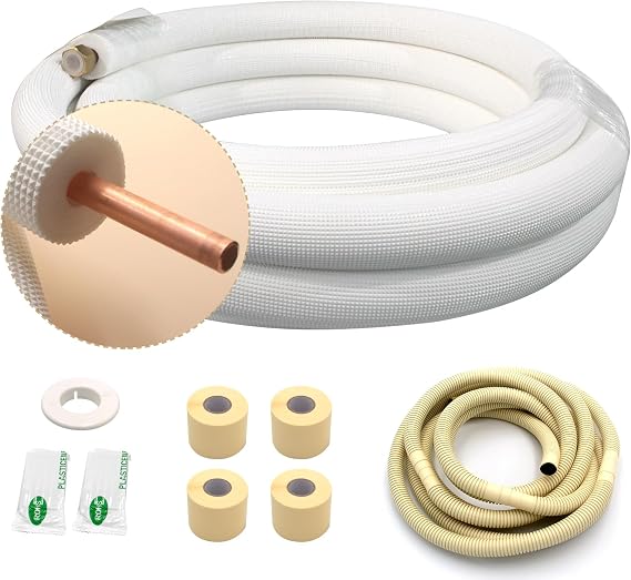 50FT Copper Tubing Mini Split Line Set 1/2" OD Single Tube with Nuts,3/8" White Insulation Kit Pipe Round Metal for Air Condition,HVAC Heating System, Refrigeration,Industry, DIY