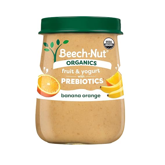 Beech-Nut Organic Fruit & Yogurt Baby Food Jars with Prebiotics, Organic Banana Orange & Yogurt Puree, Stage 2 Baby Food for Babies 6 Months and Up, Non-GMO, 4oz Glass Jars, 10ct