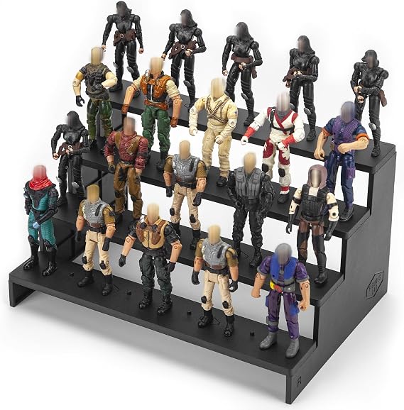 3.75 inch Action Figure Risers Stand, VINTAGE (1977-1985) Star was/ Gijeo Figure Display Stands with Flexible Pegs, Toy Support Base Holder Accessories for 1/18 Scale Figures, 4 Tiers, Black