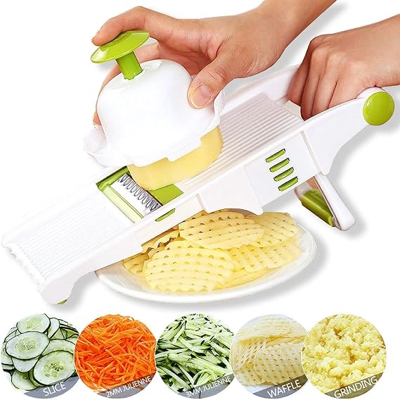 Mandoline Slicer Adjustable Vegetable Mandolin, Fruit zucchini Slicer, French Fry Cutter,Crinkle Cutter Food Waffle,Julienne Grater,Garlic Grinder(White)