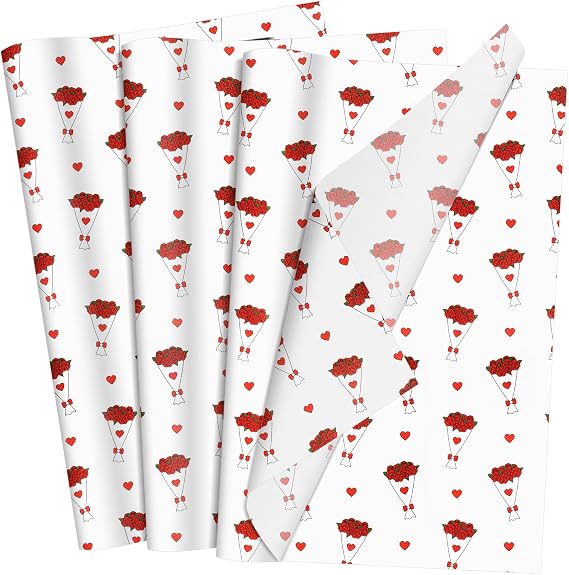 60 Sheets Gift Wrapping Tissue Paper Bulk, Red Rose Bouquet Tissue Paper for Gift Bags, Decorative Art Papers for DIY Crafts Valentines Day Wedding Birthday Holiday Party Decor, 20x14 Inches