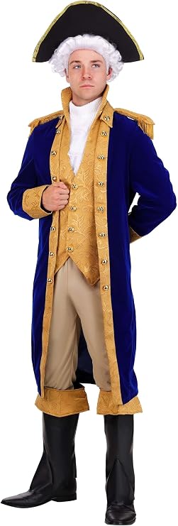 George Washington Colonial Costume for Men - Blue Velvet Jacket, Vest, Pants, Hat, Ascot, Boot Tops